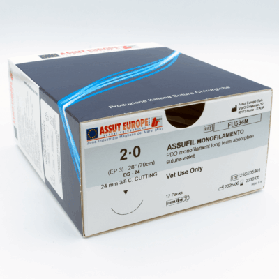 ASSUFIL MONOFILAMENT Absorbable Surgical Suture USP Size 2-0, (DS-24) 24 mm 3/8 C. CUTTING EDGE, 28 Inches (70 cm), 12 Count, Veterinary Use Only