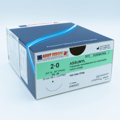 ASSUNYL Non-Absorbable Surgical Suture USP Size 2-0, (DS-30) 30 mm 3/8 C. Cutting Edge, 30 Inches (75 cm), 12 Count, Veterinary Use Only