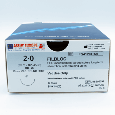 FILBLOC Absorbable Surgical Suture USP Size 2-0, (HR-26) 26 mm 1/2 C. TAPER, 18 Inches (45 cm), 12 Count, Veterinary Use Only