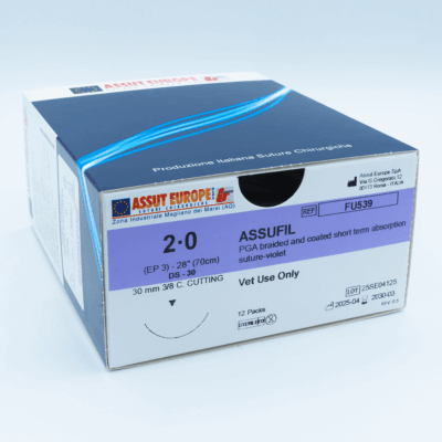 ASSUFIL Absorbable Surgical Suture USP Size 2-0, (DS-30) 30mm 3/8 C. Cutting Edge, 28 Inches (70 cm), 12 Count, Veterinary Use Only