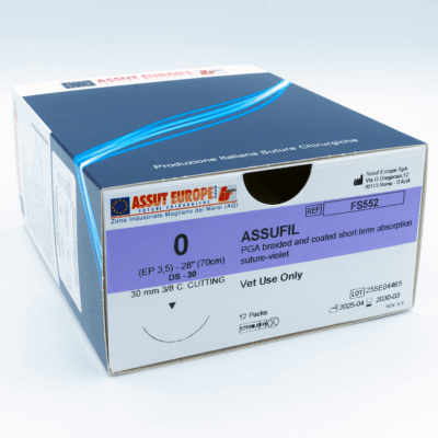ASSUFIL Absorbable Surgical Suture USP Size 0, (DS-30) 30mm 3/8 C. Cutting Edge, 28 Inches (70 cm), 12 Count, Veterinary Use Only
