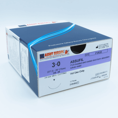 ASSUFIL Absorbable Surgical Suture USP Size 3-0, (DS-24) 24mm 3/8 C. Cutting Edge, 28 Inches (70 cm), 12 Count, Veterinary Use Only