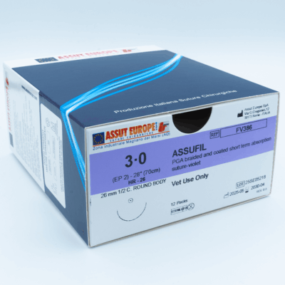 ASSUFIL Absorbable Surgical Suture USP Size 3-0, (HR-26) 26mm 1/2 C. TAPER, 28 Inches (70 cm), 12 Count, Veterinary Use Only